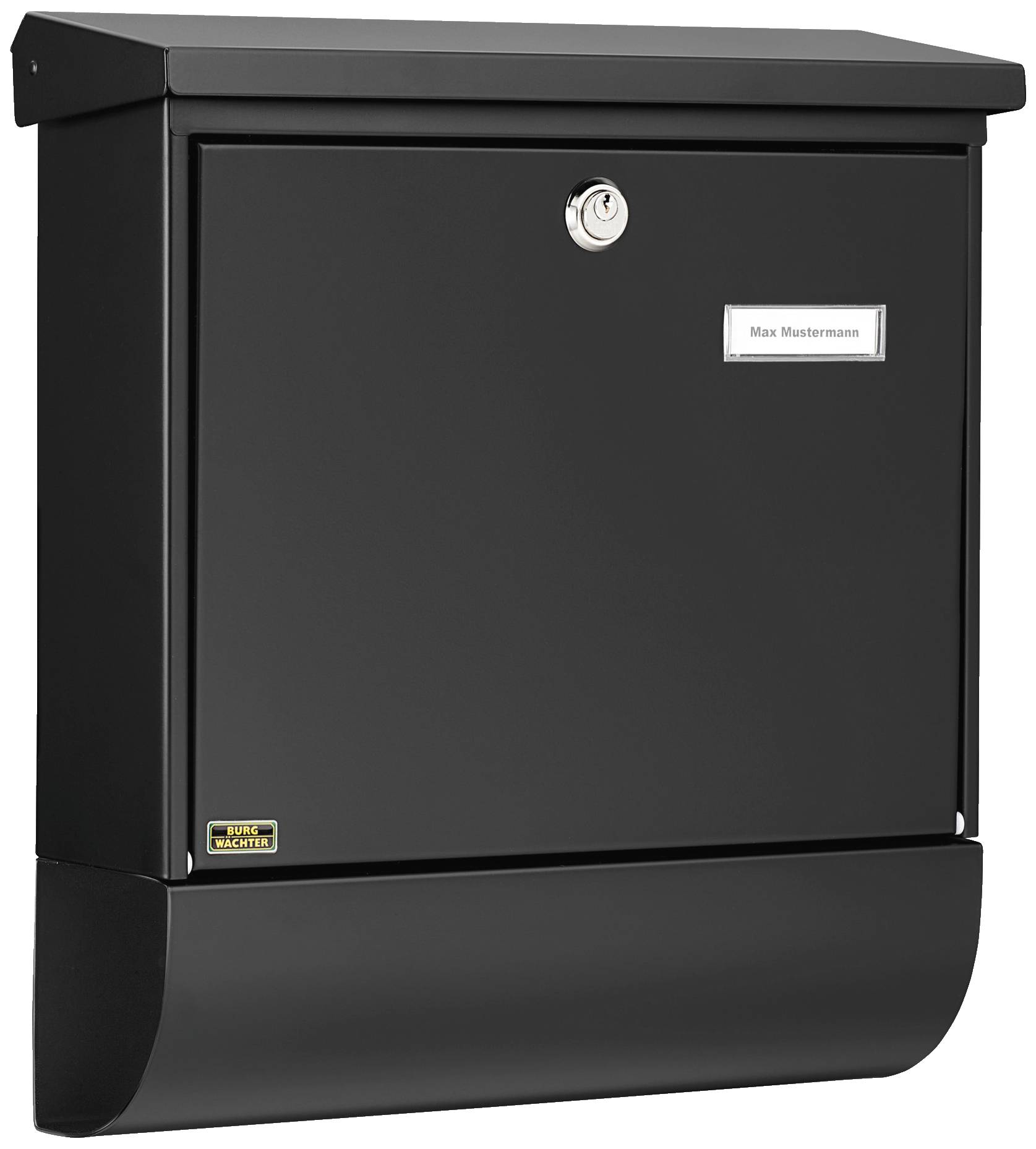 Black letterbox with nameplate reading 'Max Mustermann' and a lock for secure mail storage. Includes a newspaper compartment at the bottom.