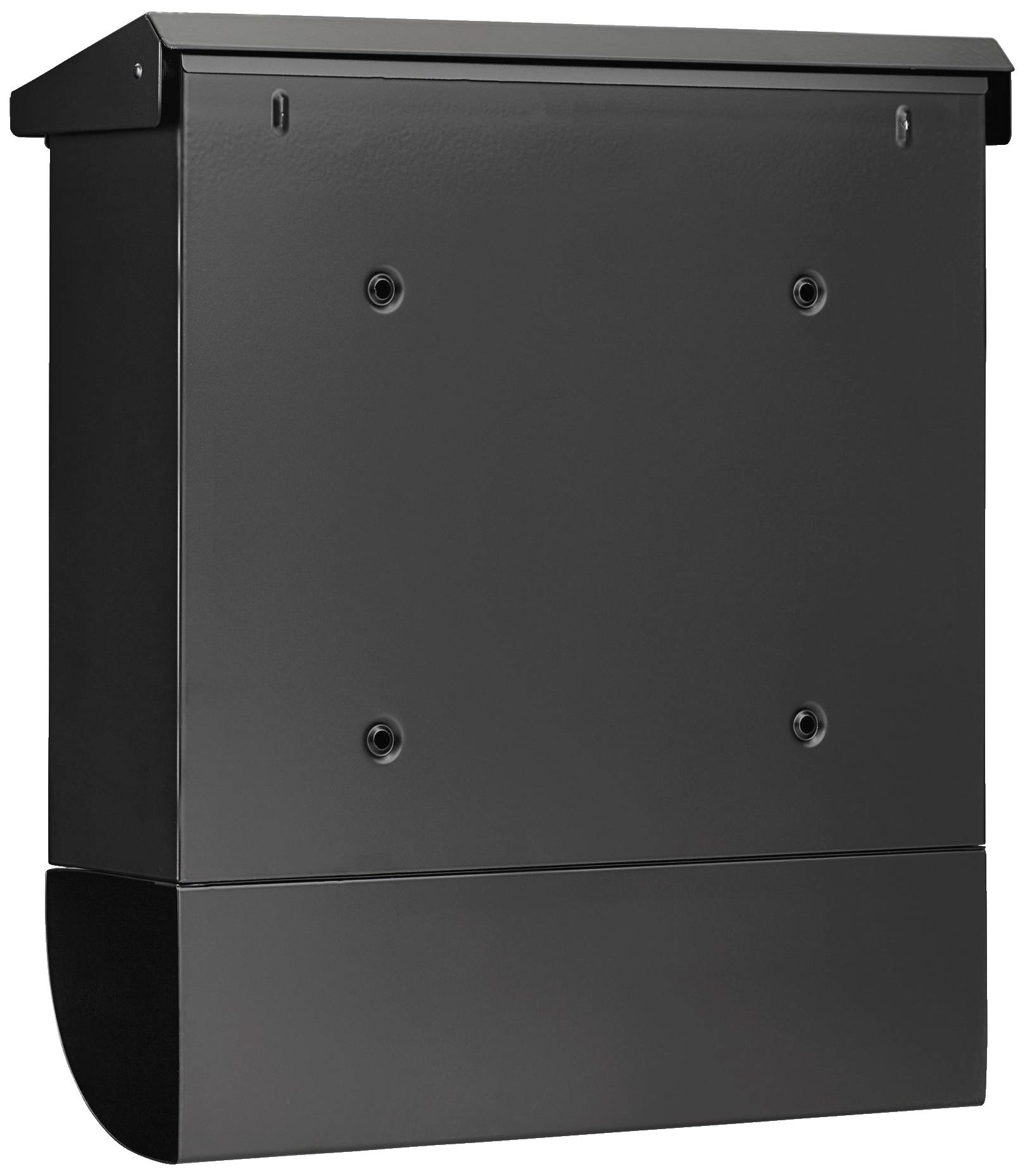 Black, wall-mounted letterbox with removable lid, suitable for outdoor use. No visible logos or markings.