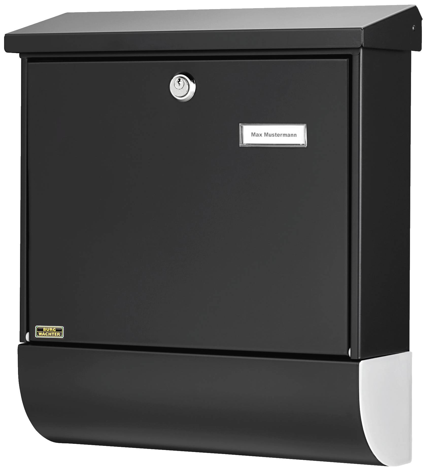Black letterbox with lock and nameplate reading 'Max Mustermann', rectangular shape with rounded newspaper compartment at the bottom.