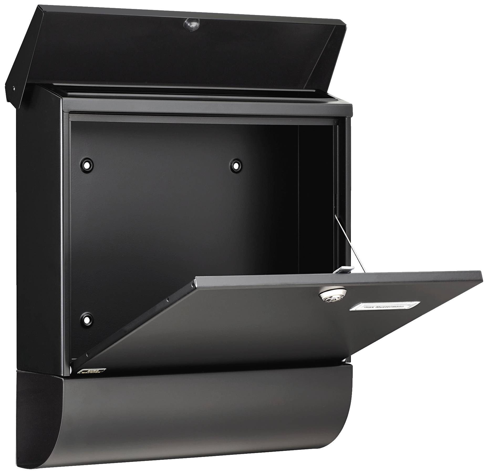 Black wall-mounted letterbox with an open flap, showing a spacious interior compartment. Ideal for mail and small parcels.