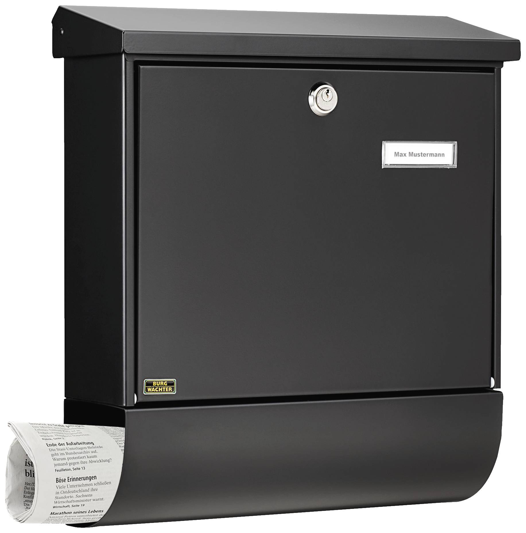 Black letterbox with the name plate 'Max Mustermann' and newspaper compartment at the bottom.