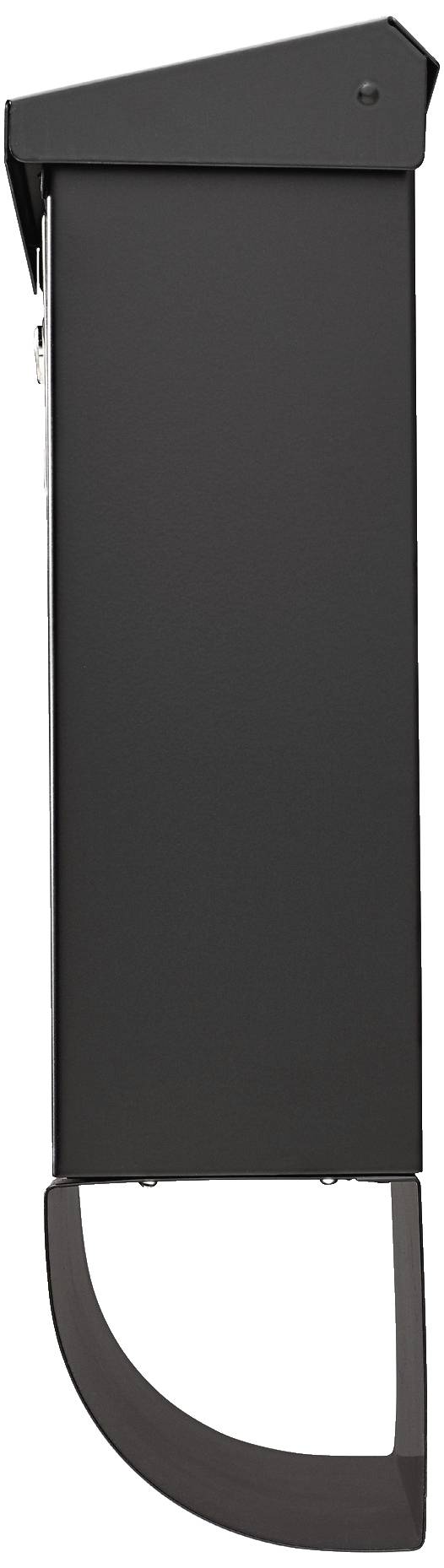 A narrow, rectangular, black metal wheelie bin with a closed lid and an integrated handle at the bottom.