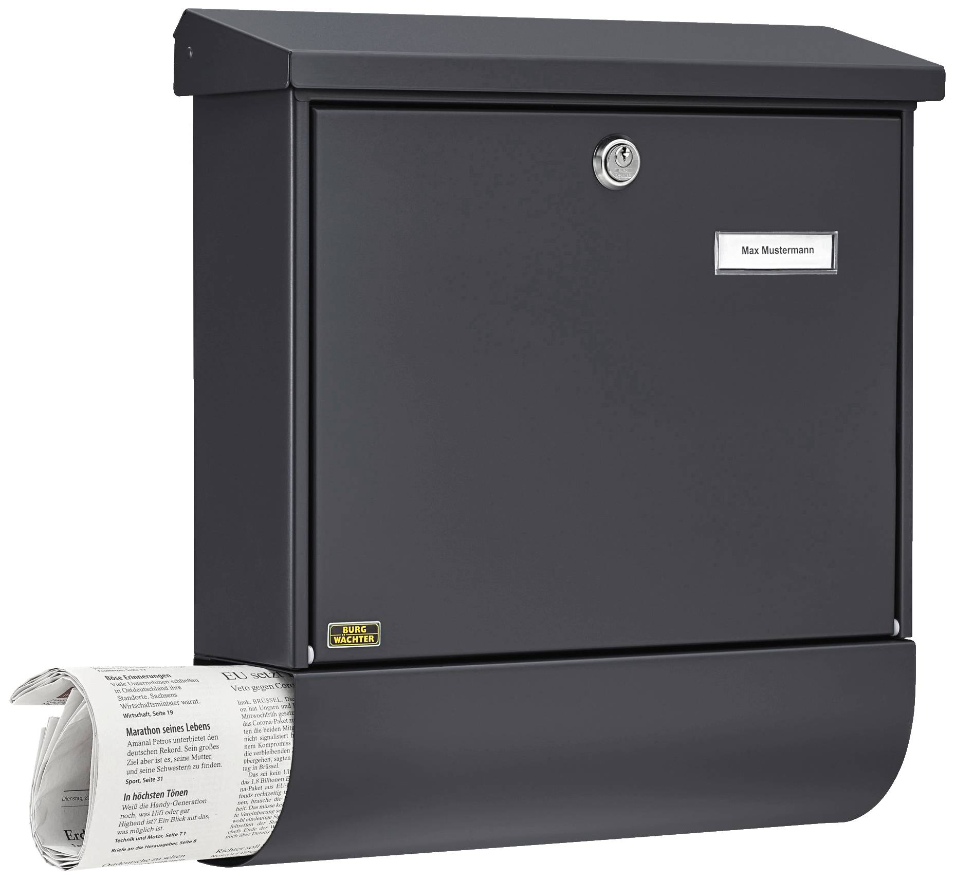 A black letterbox with a newspaper compartment at the bottom. The name on the letterbox reads 'Max Mustermann'.