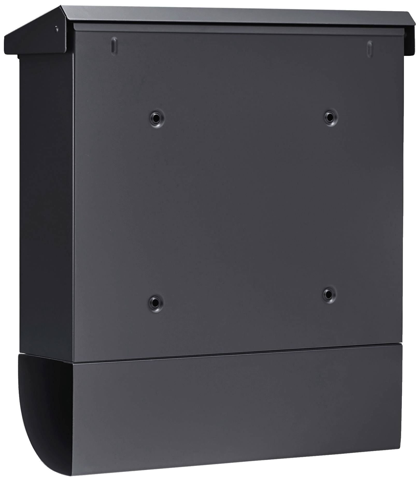 Simple black letterbox with a rectangular shape and a flap on top. Suitable for external wall mounting.