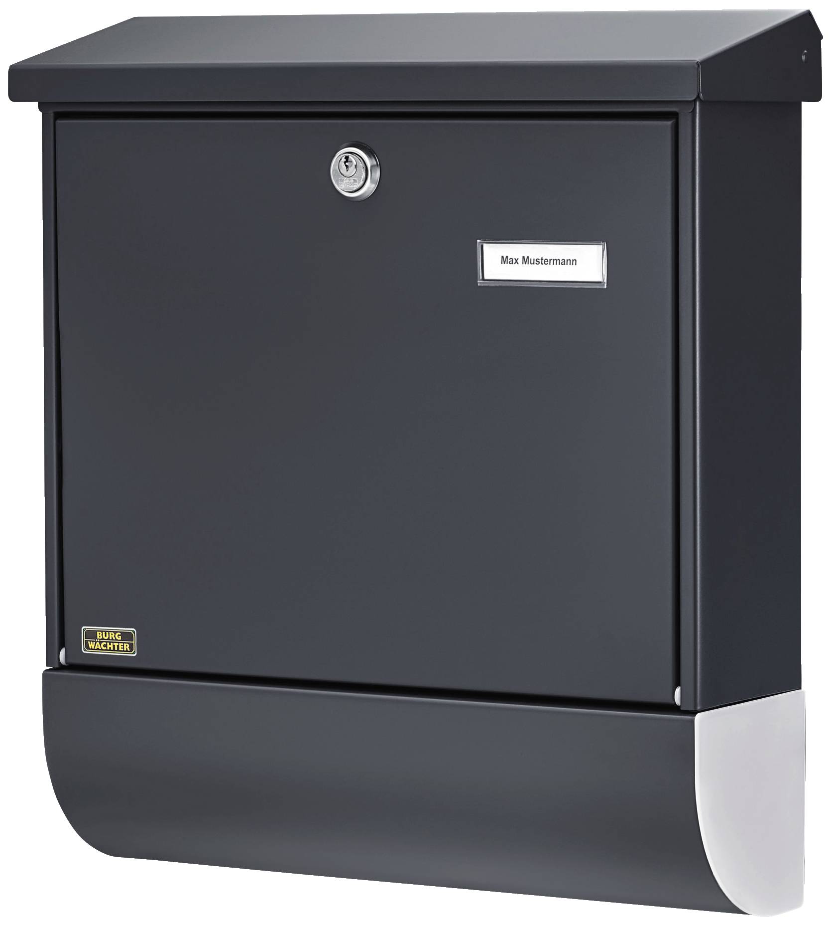 A black letterbox with a nameplate reading 'Max Mustermann' and a lock on the front.