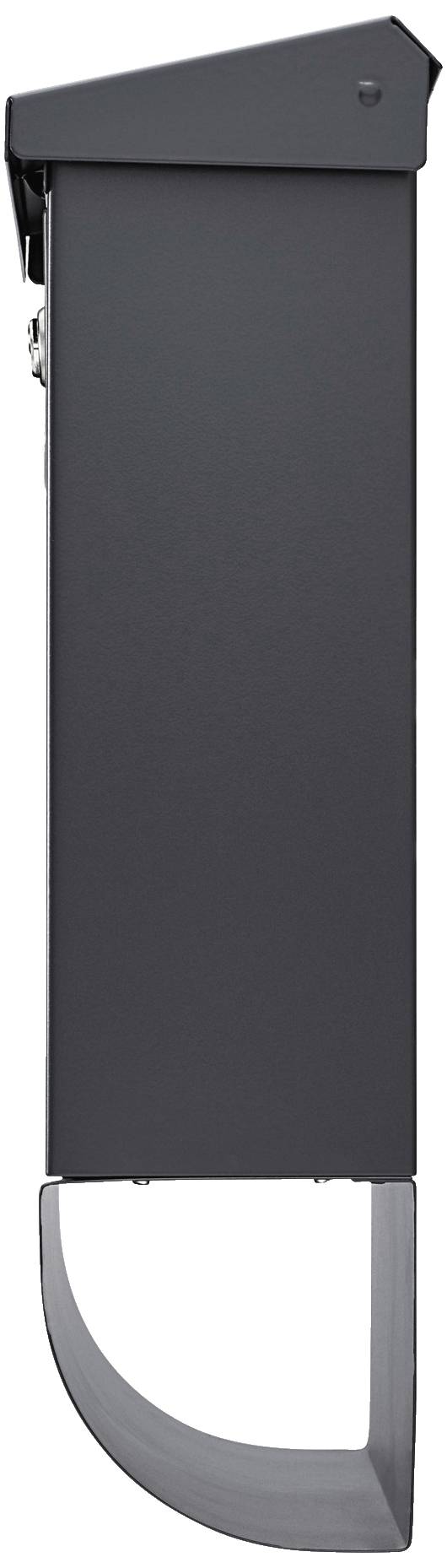 Letterbox viewed from the side. Simple, modern design in grey with an angled roof.