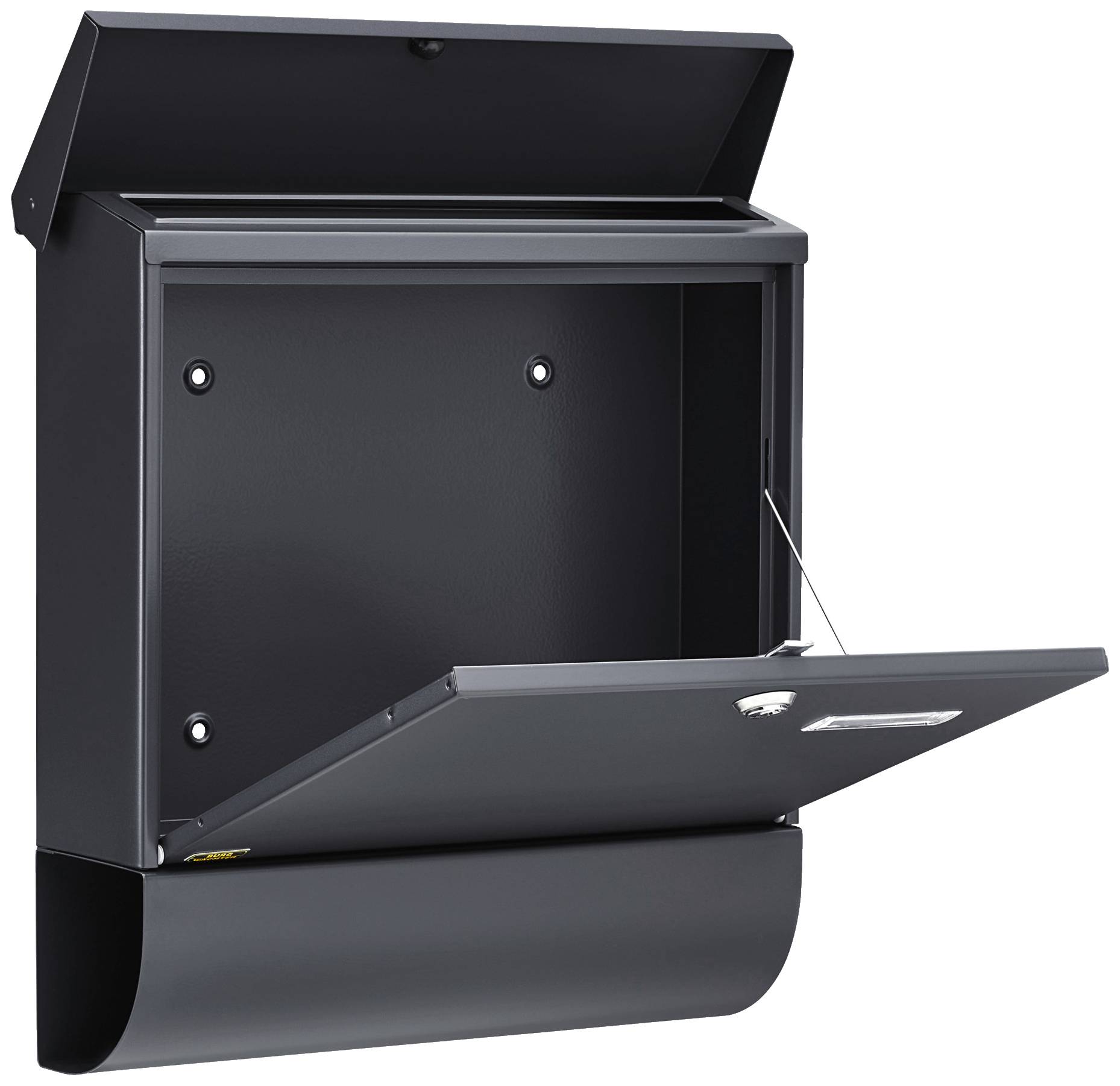 An open, black postbox with an additional newspaper compartment at the bottom. The lid is open, and the main compartment is empty.