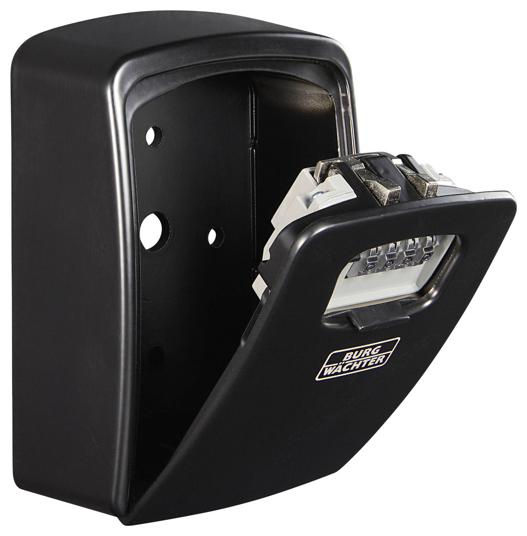 A black key safe with a numeric code by Burg Wächter is mounted on the wall. The front cover is open to reveal the combination lock.