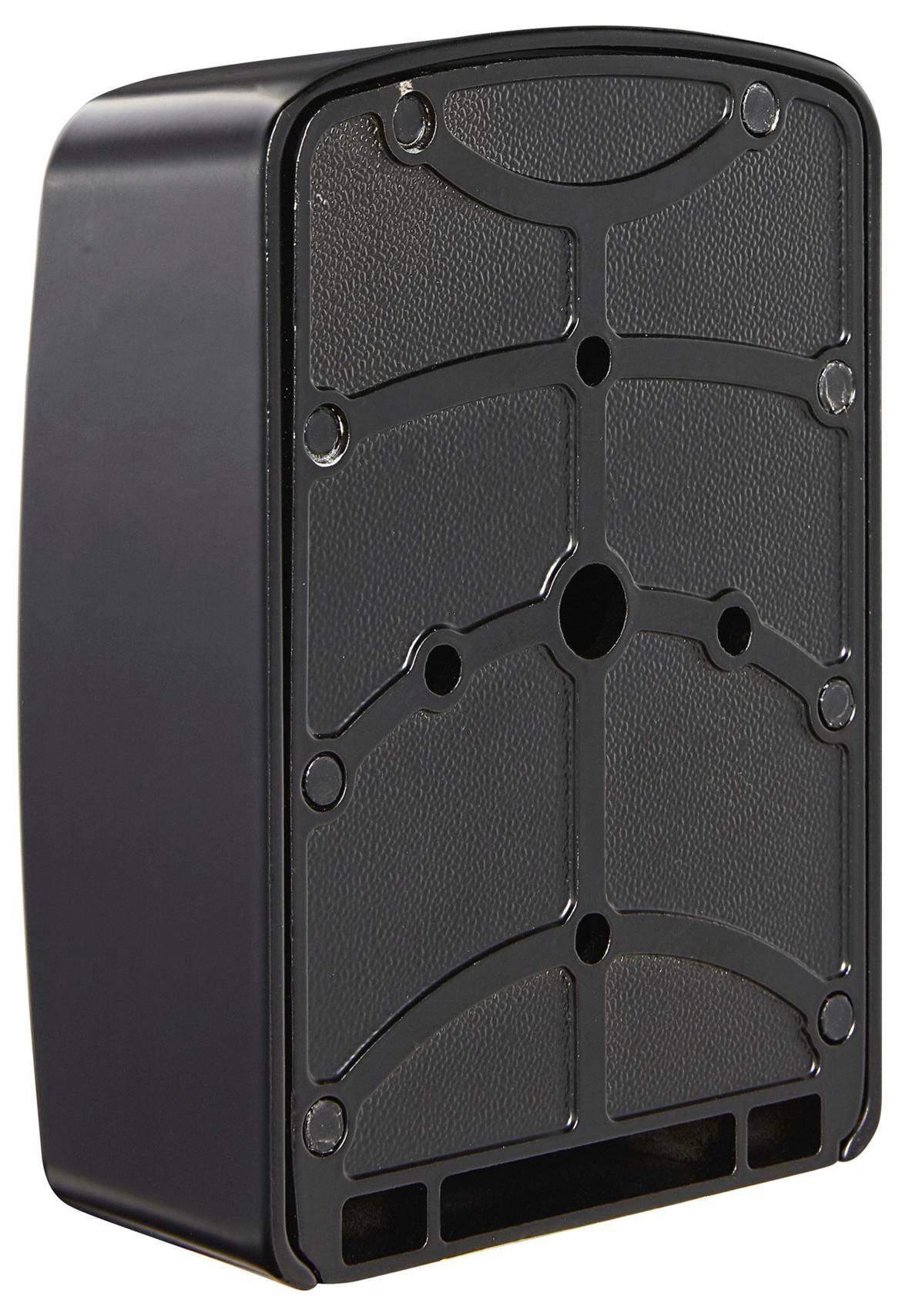 Black, rectangular plastic housing with multiple round openings and a recessed front panel for electronic components.