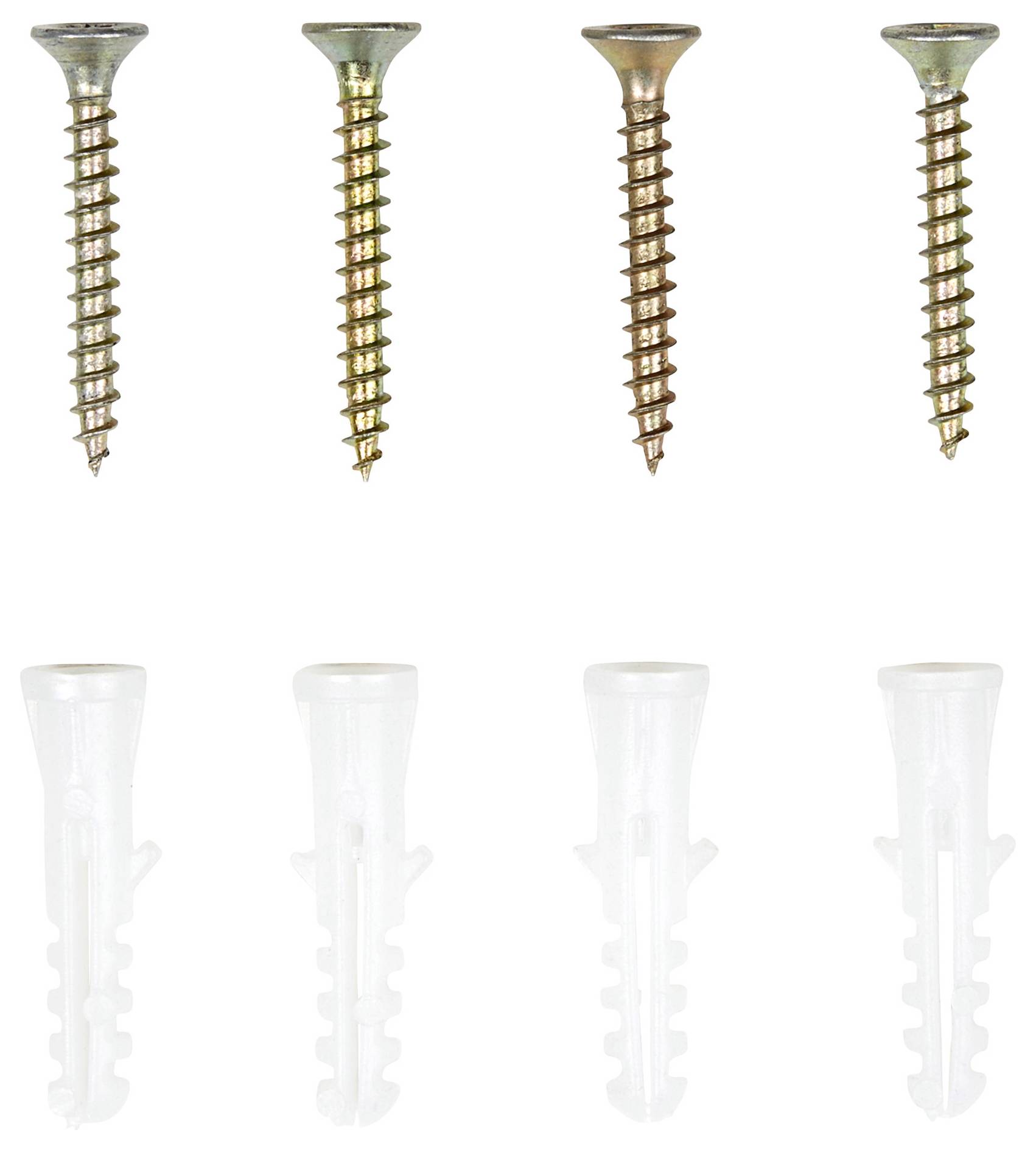 Six screws at the top and six white wall plugs below on a white background.