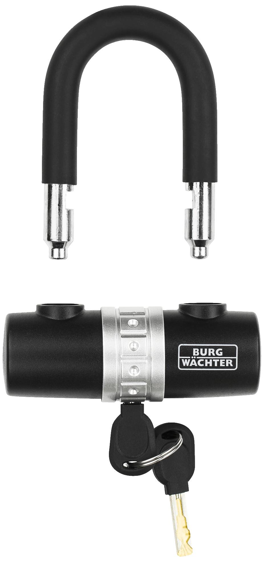 Black padlock with silver locking mechanism and key. 'Burg Wächter' inscription on the lock body.