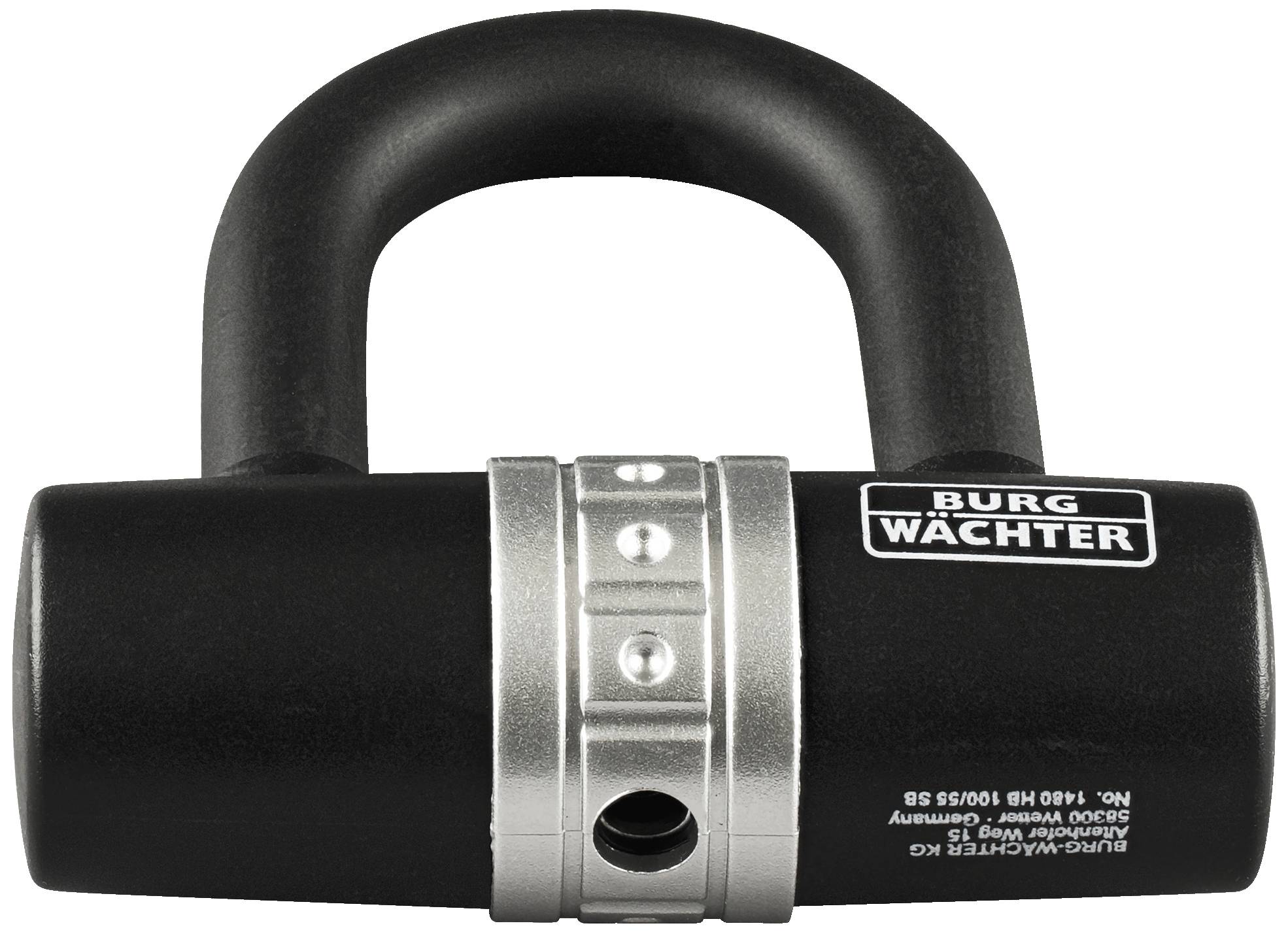 Black security padlock with a metal shackle, fitted with a silver-coloured lock mechanism and the inscription 'Burg Wächter'.