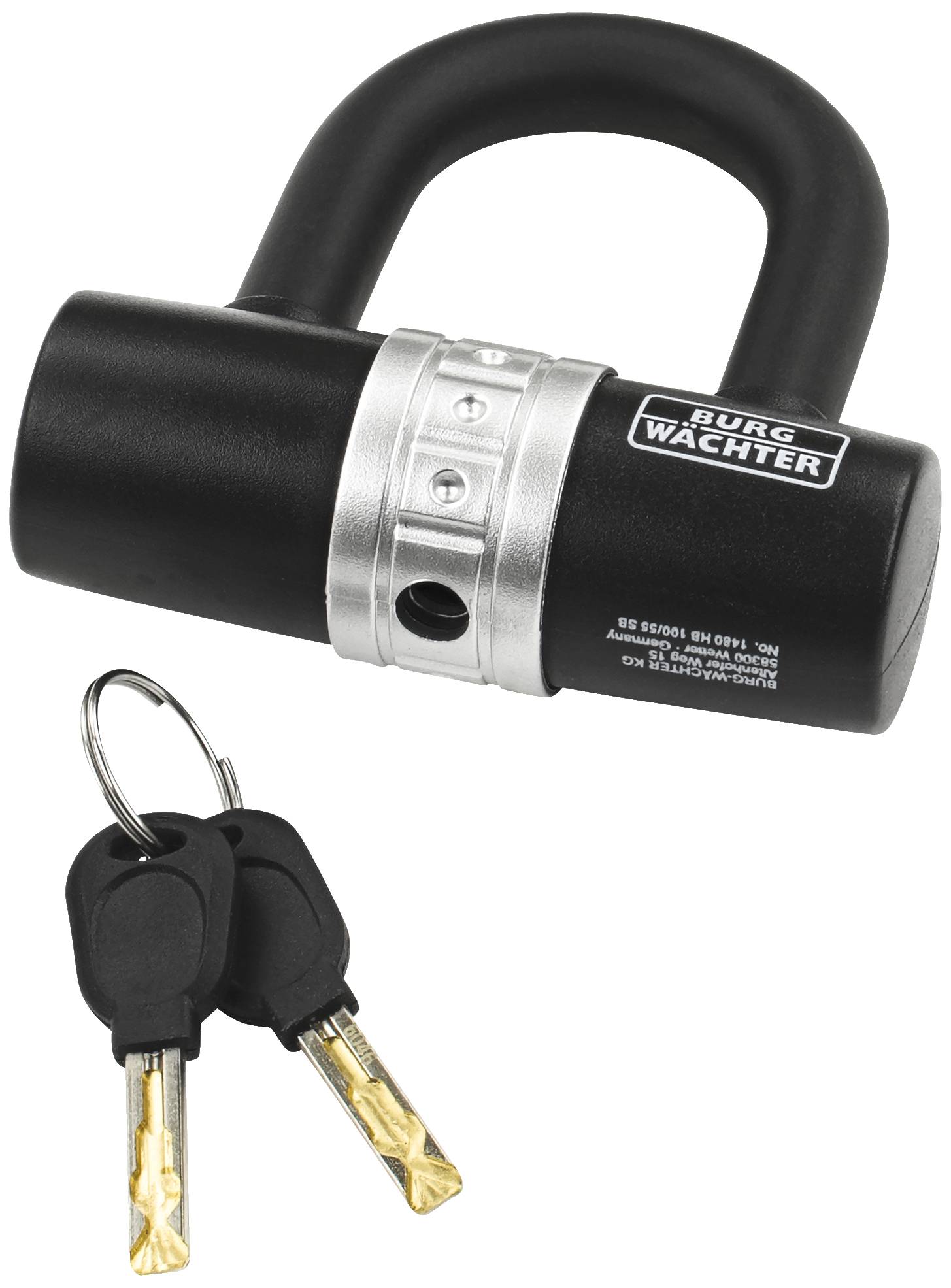 A black security padlock with a silver central section, alongside two black keys with golden tips.