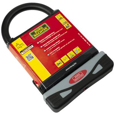A red 'Burg Wächter' bicycle lock with a robust U-lock. Packaging displays symbols for bicycle, motorbike and gate.