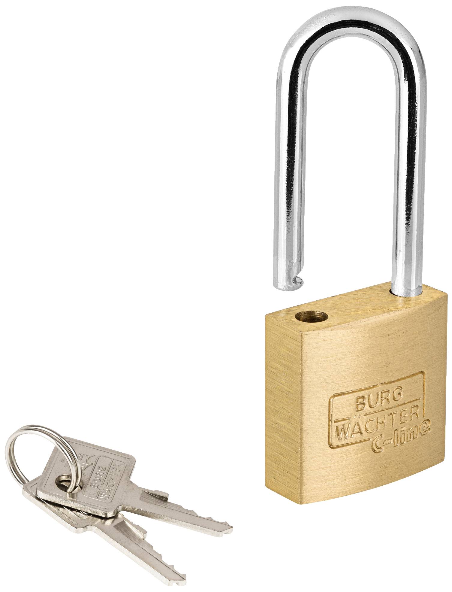 An open padlock made of metal next to two keys on a keyring.
