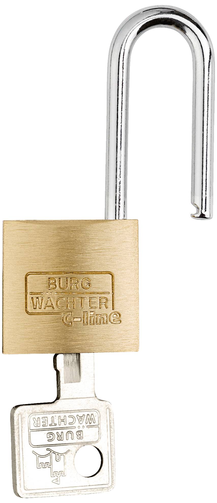 An open metal padlock with 'BURG WÄCHTER' written on it. The key is inserted in the lock, which is unlocked.