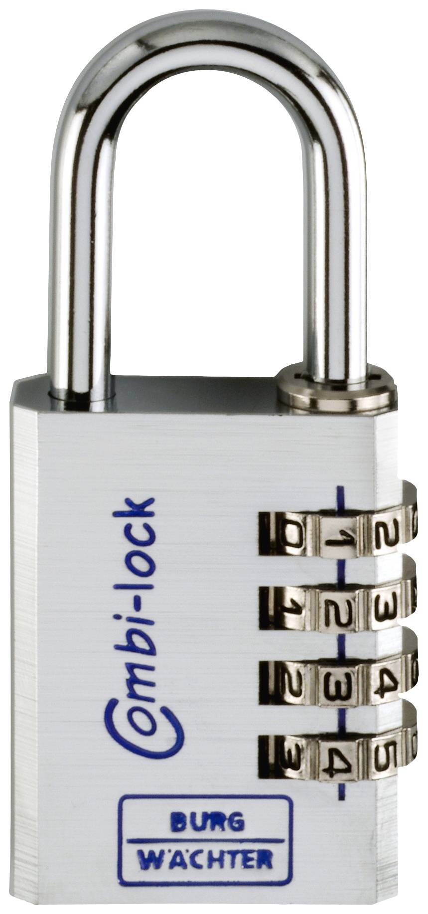 A silver, metallic padlock with a combination lock and numbers 0 to 9 on the dial wheels.