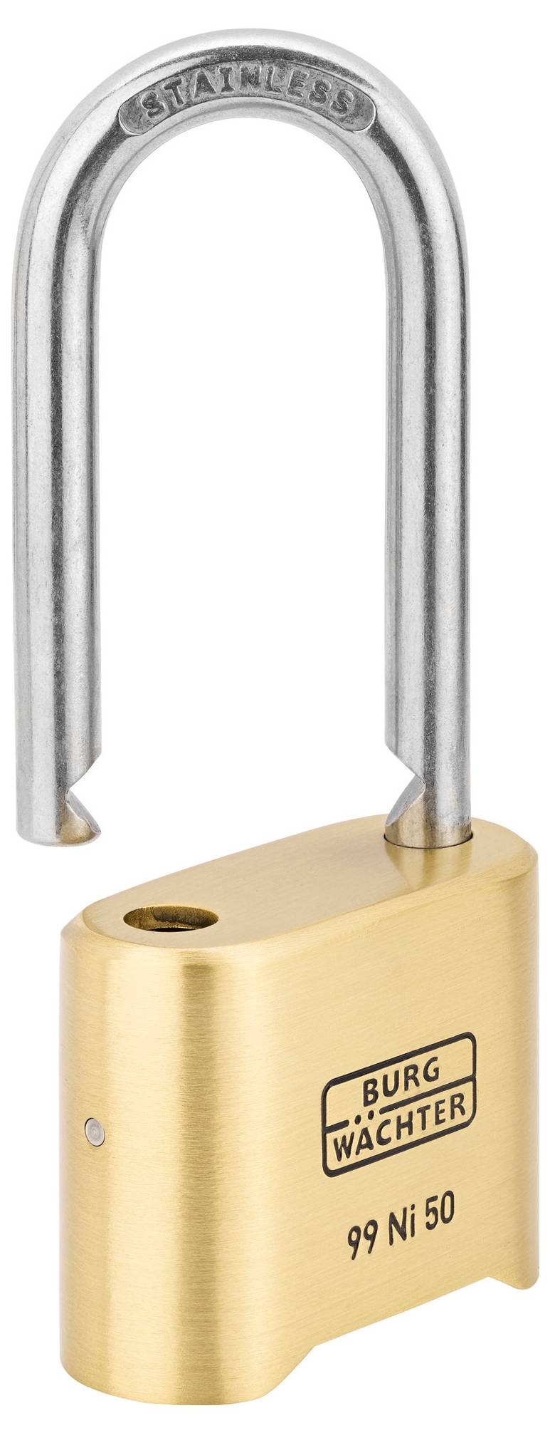 An open brass padlock with the inscription 'Burg Wächter 99 Ni 50', displaying its opened stainless steel shackle.