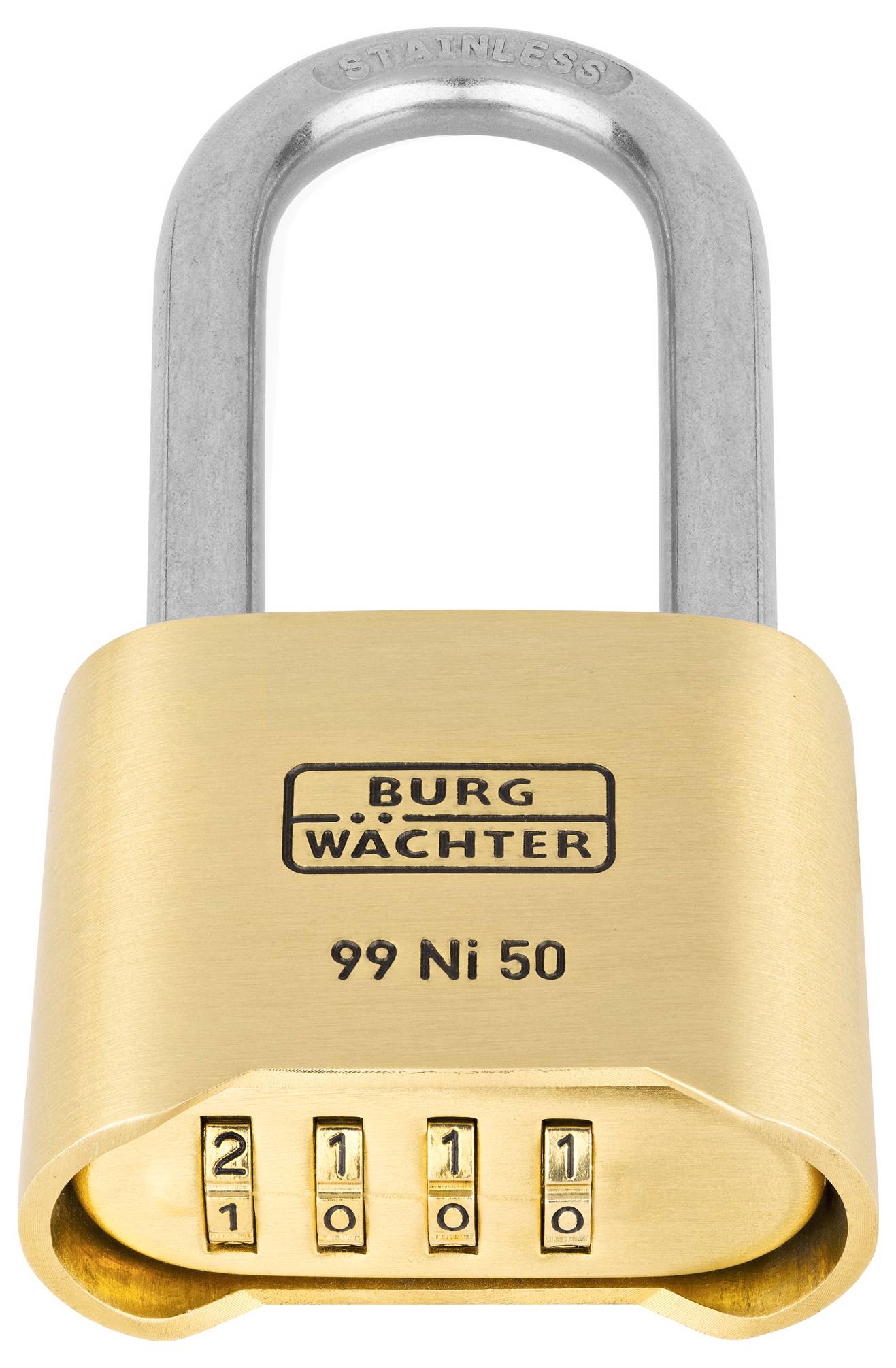 Metal padlock with combination lock; brand 'Burg Wächter', model '99 Ni 50', showing combination 2110, symbolising security.