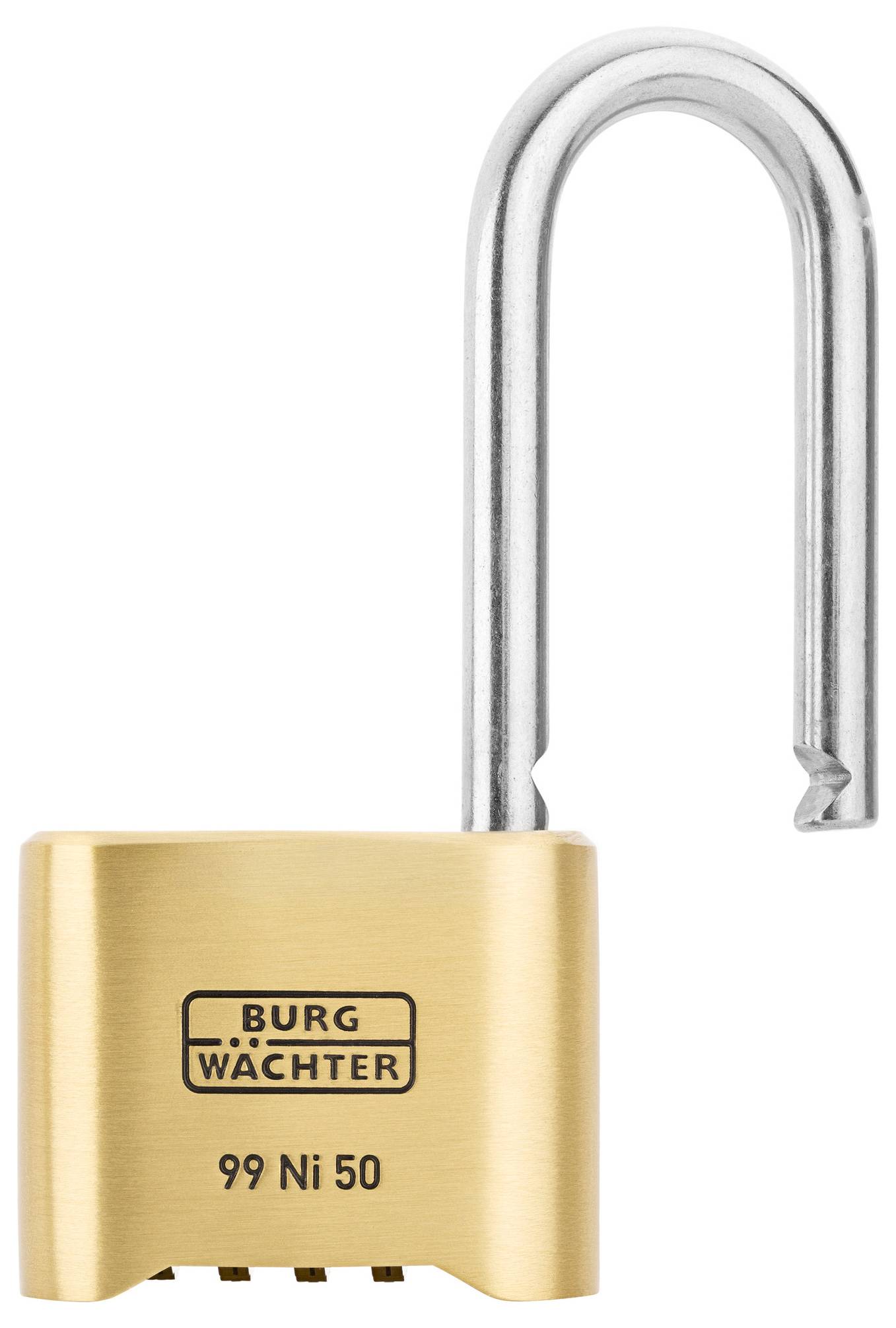 An open padlock made of metal with the inscription 'Burg Wächter 99 Ni 50'.