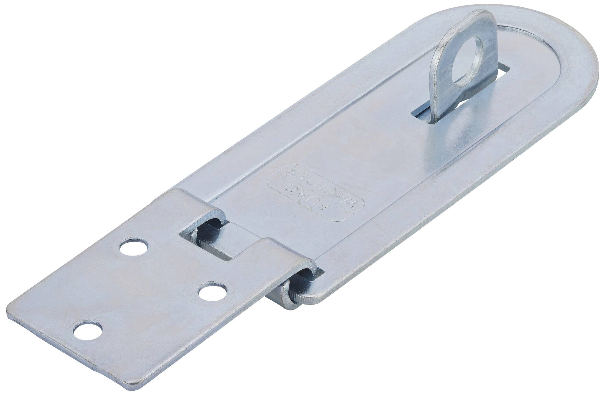 Metal sliding bolt in silver colour, with a hole for a padlock and three mounting holes on the mounting plate.