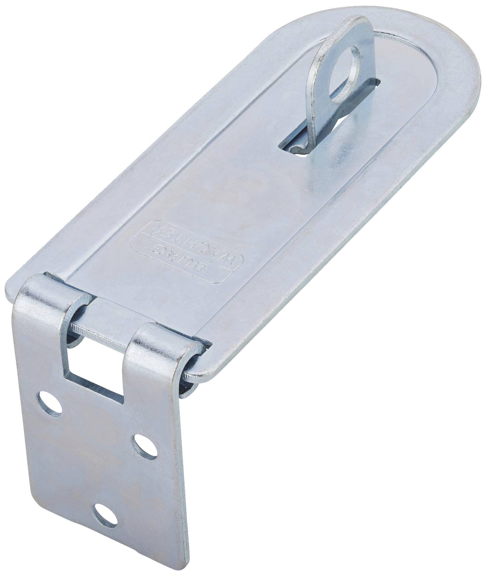 Metal hinge lock, silver-coloured, with four mounting holes, for use on doors or cabinets for securing purposes.