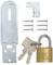 Padlock with two keys, a metal latch and six screws. Suitable for securing doors or cabinet doors.