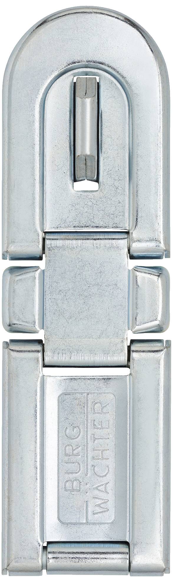 A silver metal padlock hinge, engraved with 'Burg Wächter'. Suitable for securing doors.