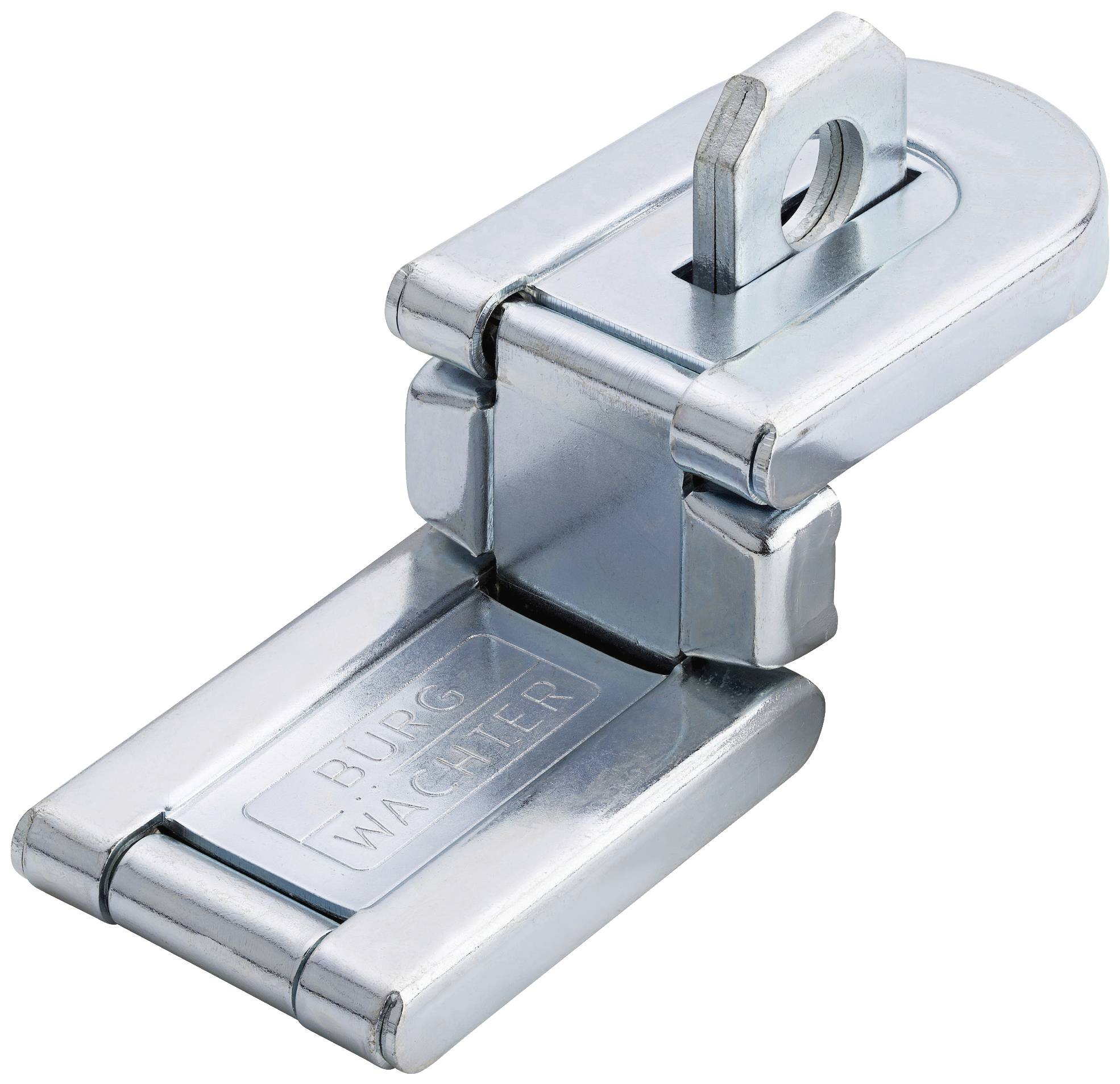 A silver hinge with padlock facility, partially open. 'Burg Wächter' inscription visible. Suitable for securing doors.