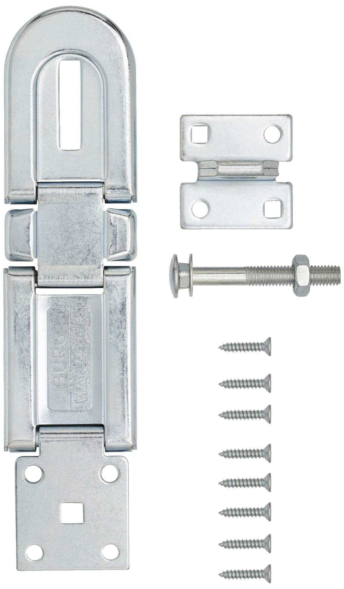 Metal lock bolt set comprising a bolt, counterplate, pin and several screws, for secure fastening.