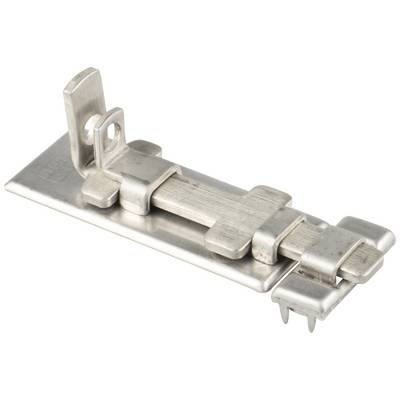 Metal hinge with a flat base and flexible connecting elements. Used for fixing or securing doors.