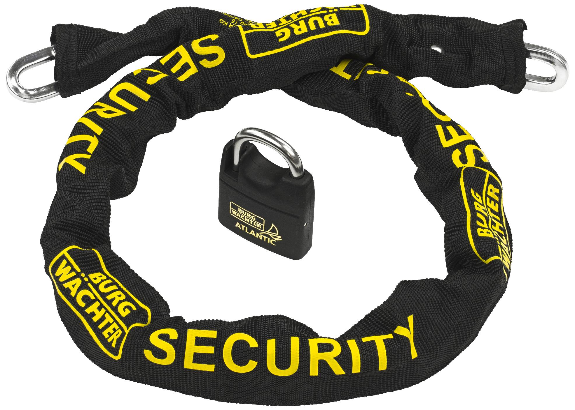 'Black security lock with stainless steel chain. Yellow lettering shows 'SECURITY'. Suitable for bicycles or motorbikes.'