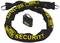'Black security lock with stainless steel chain. Yellow lettering shows 'SECURITY'. Suitable for bicycles or motorbikes.'