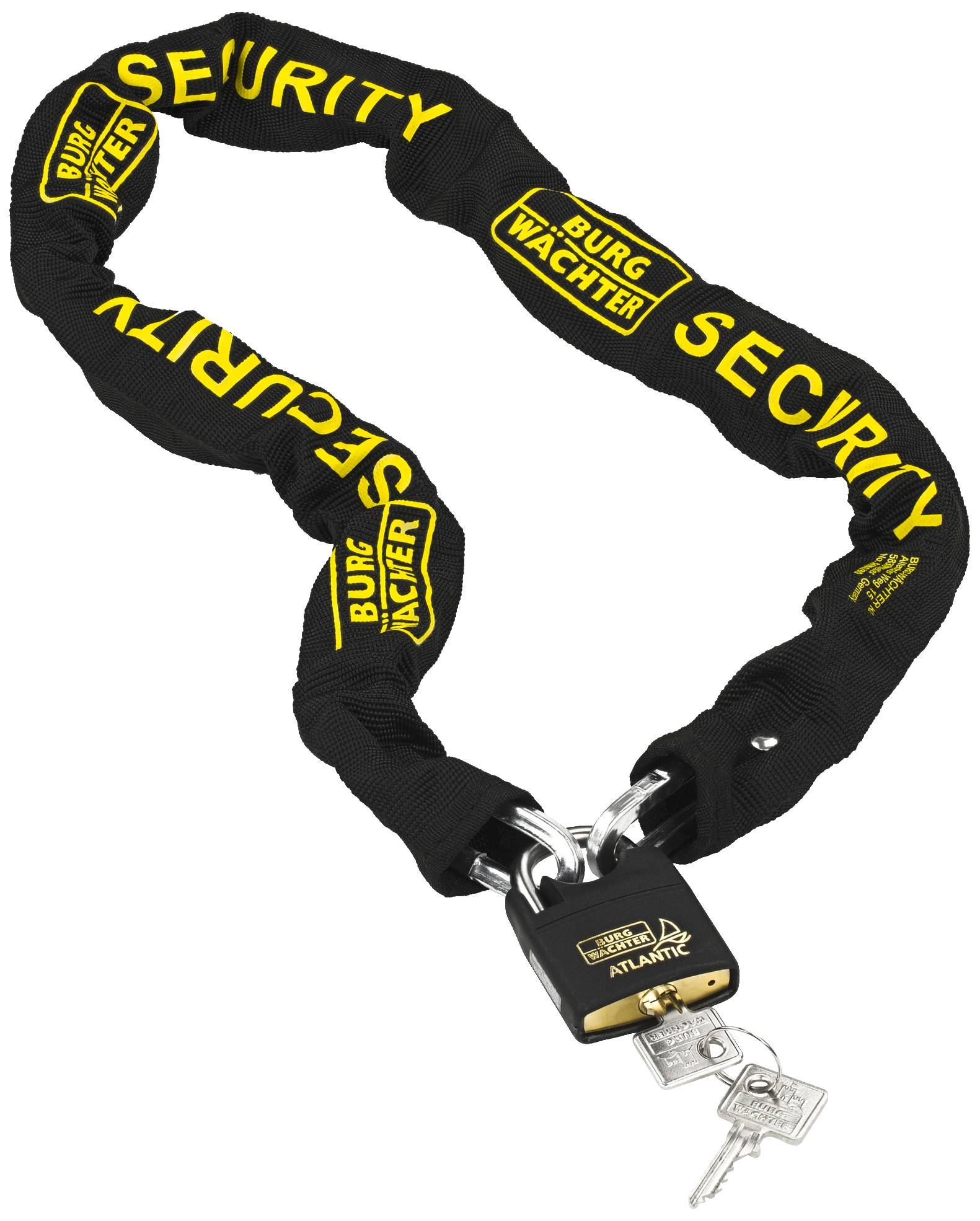 A black security padlock with a chain that reads 'SECURITY'. Two keys are lying near the lock.