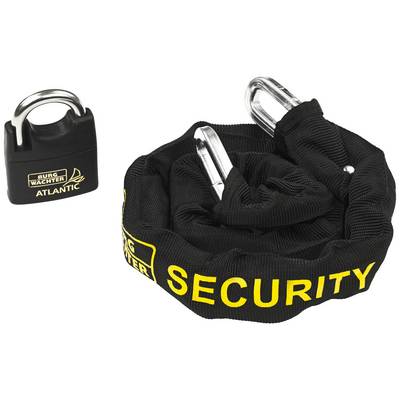 Black security lock and chain with yellow 'SECURITY' lettering, designed for bicycle security.