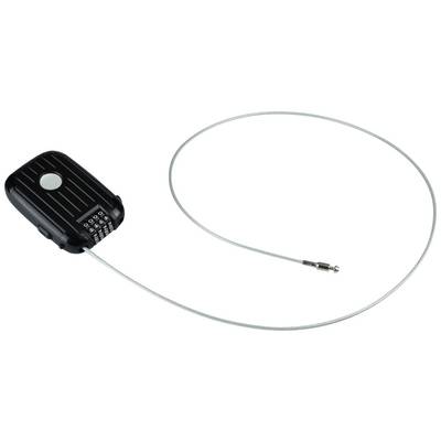 A black combination padlock with a long, flexible steel cable. The lock has small numerical buttons for setting the combination.