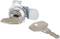 A metal padlock with a key inserted and a second key lying beside it on a white surface.