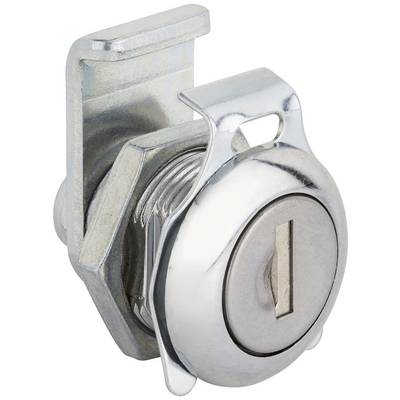 A cylindrical metal furniture lock with a flat key channel viewed from the front.
