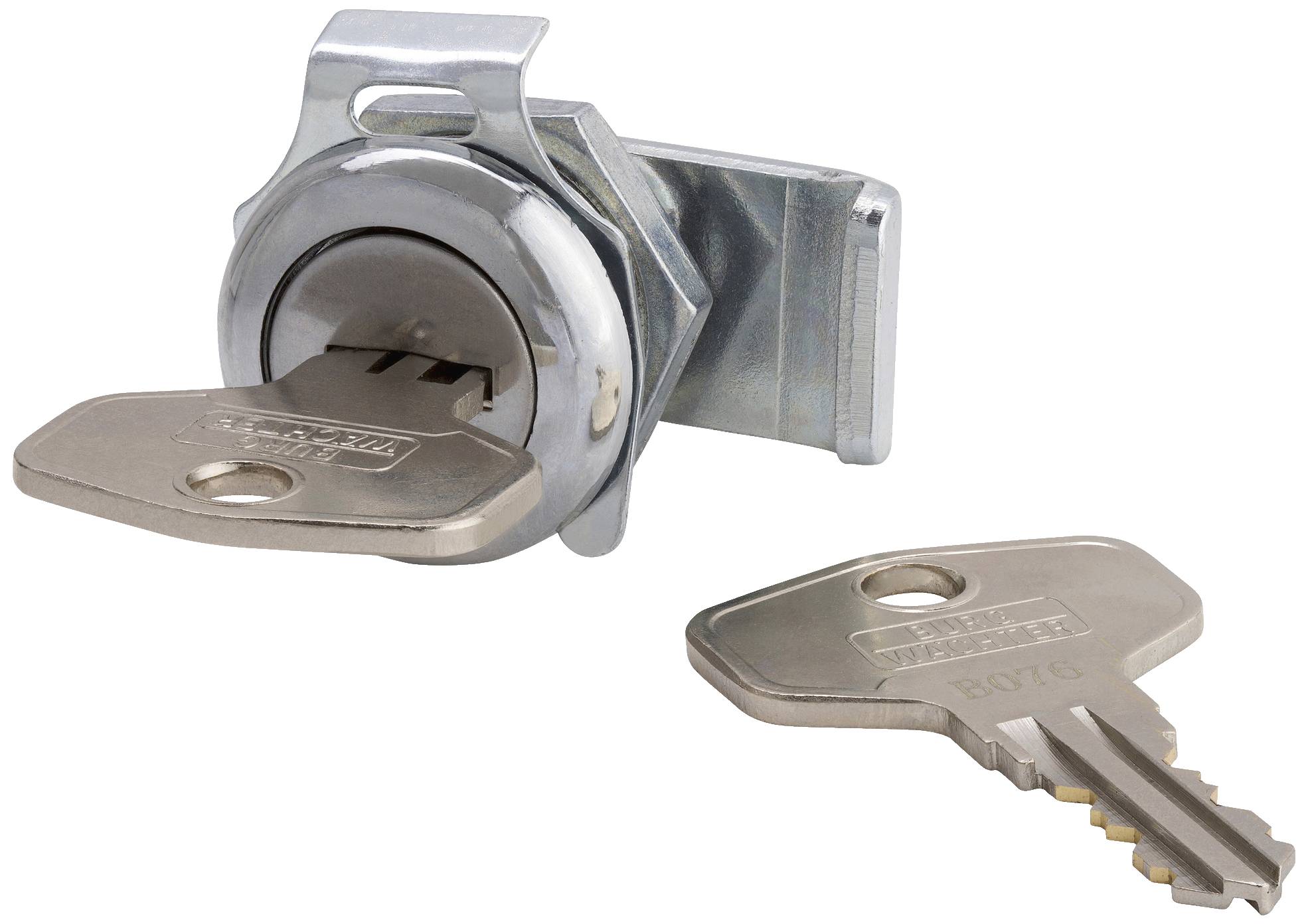 A silver padlock with a key inserted, with another key beside it on a white surface.