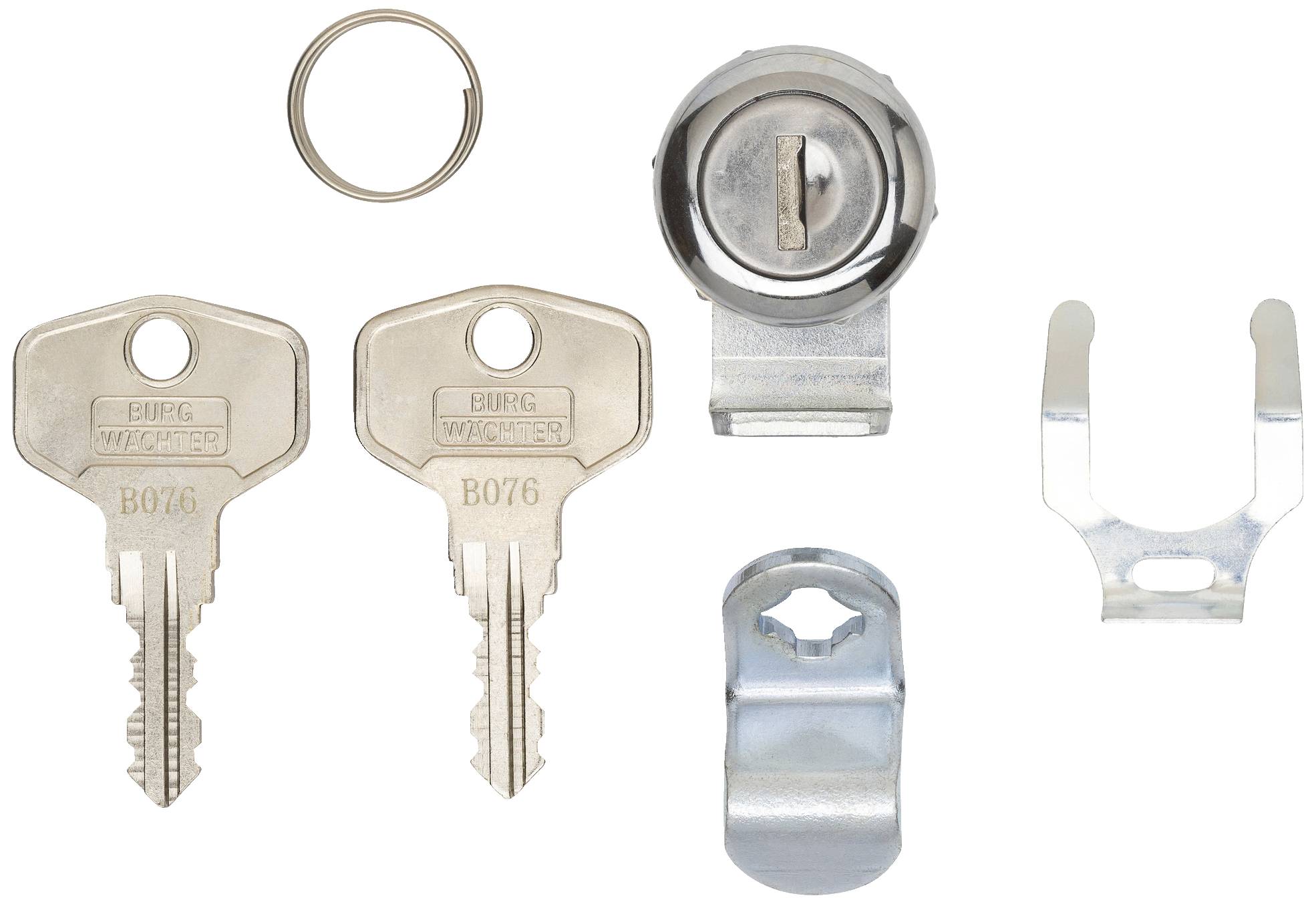 A set of two keys, a lock with a rotary mechanism, a ring, and two metal brackets, all made of silver-coloured metal.