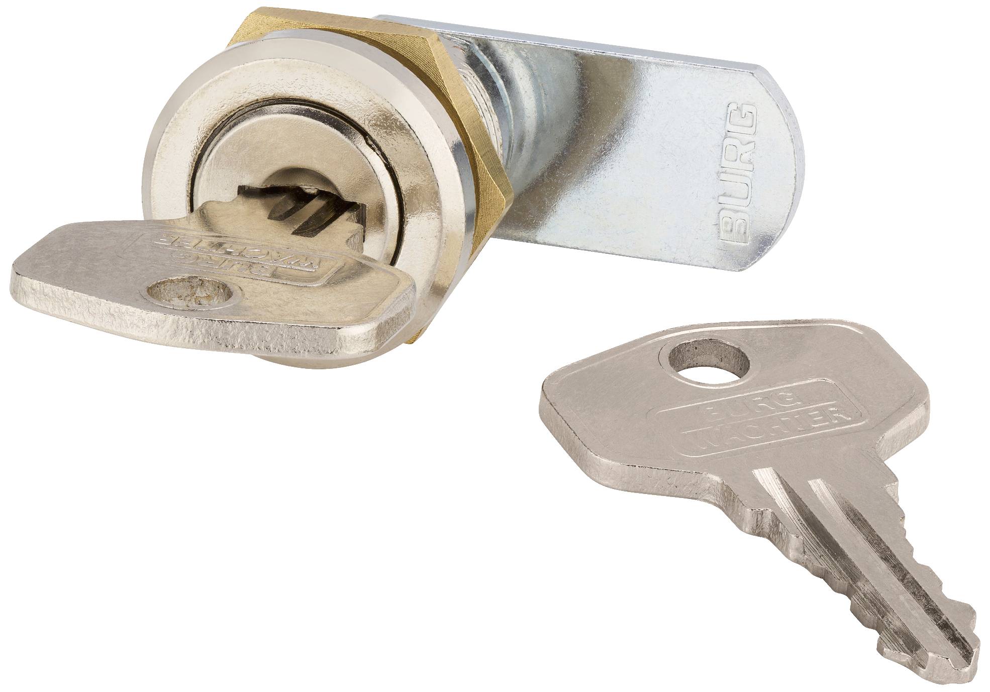 A cylinder lock with a fitted security mechanism and an accompanying key on a white background.