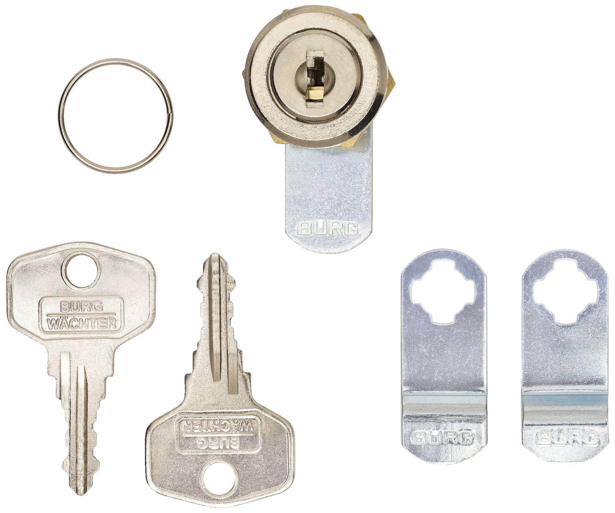 A door lock set comprising a cylinder, two keys, two mounting plates, and a metal ring.