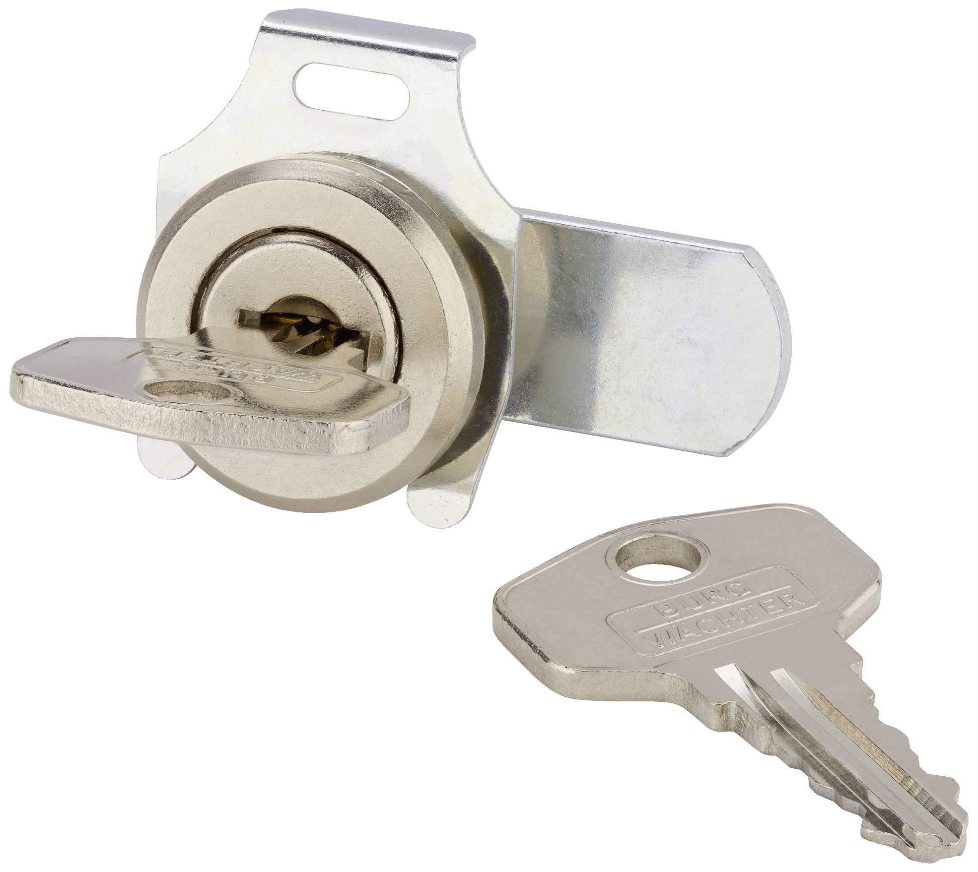 A silver padlock with a key inserted, with a single key lying beside it.