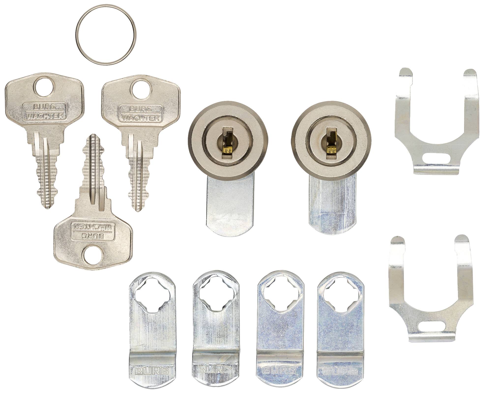 Several replacement parts for a locking system: two keys, two lock cylinders, four mounting brackets and a small metal ring, on a white background.