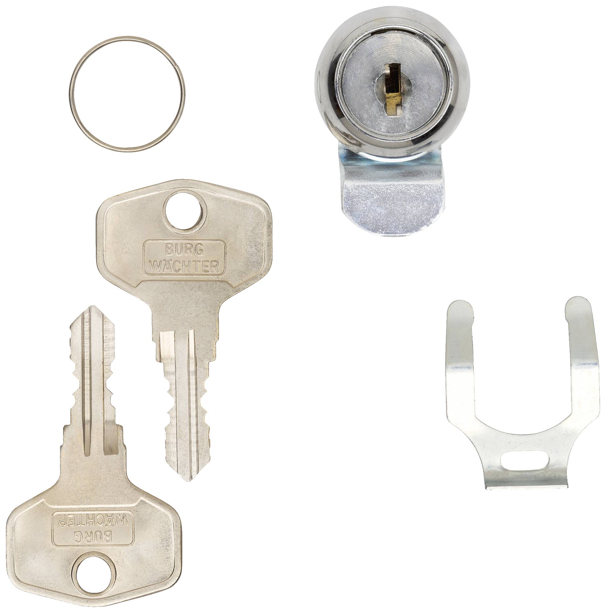 A cylinder lock with two keys, a protective plate and a mounting ring. Primarily used for security purposes.<br><br>Note: This translation uses standard British English terminology and maintains the original concise description of the lock.