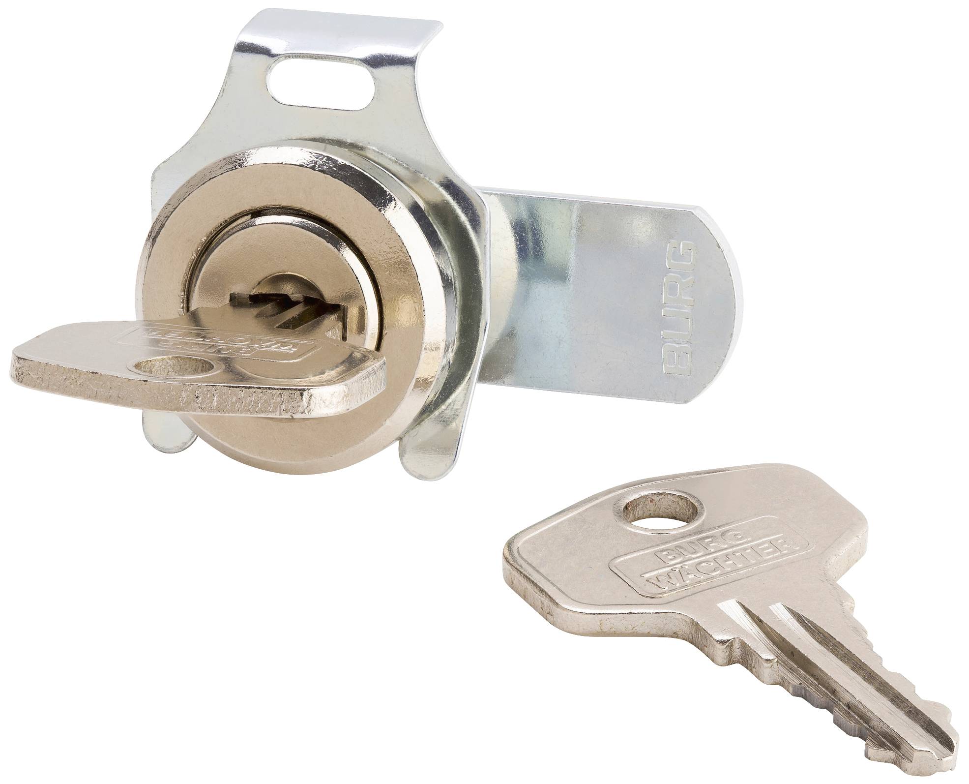 A metallic lock with a key inserted. Another key lies beside it. The lock is silver-coloured.