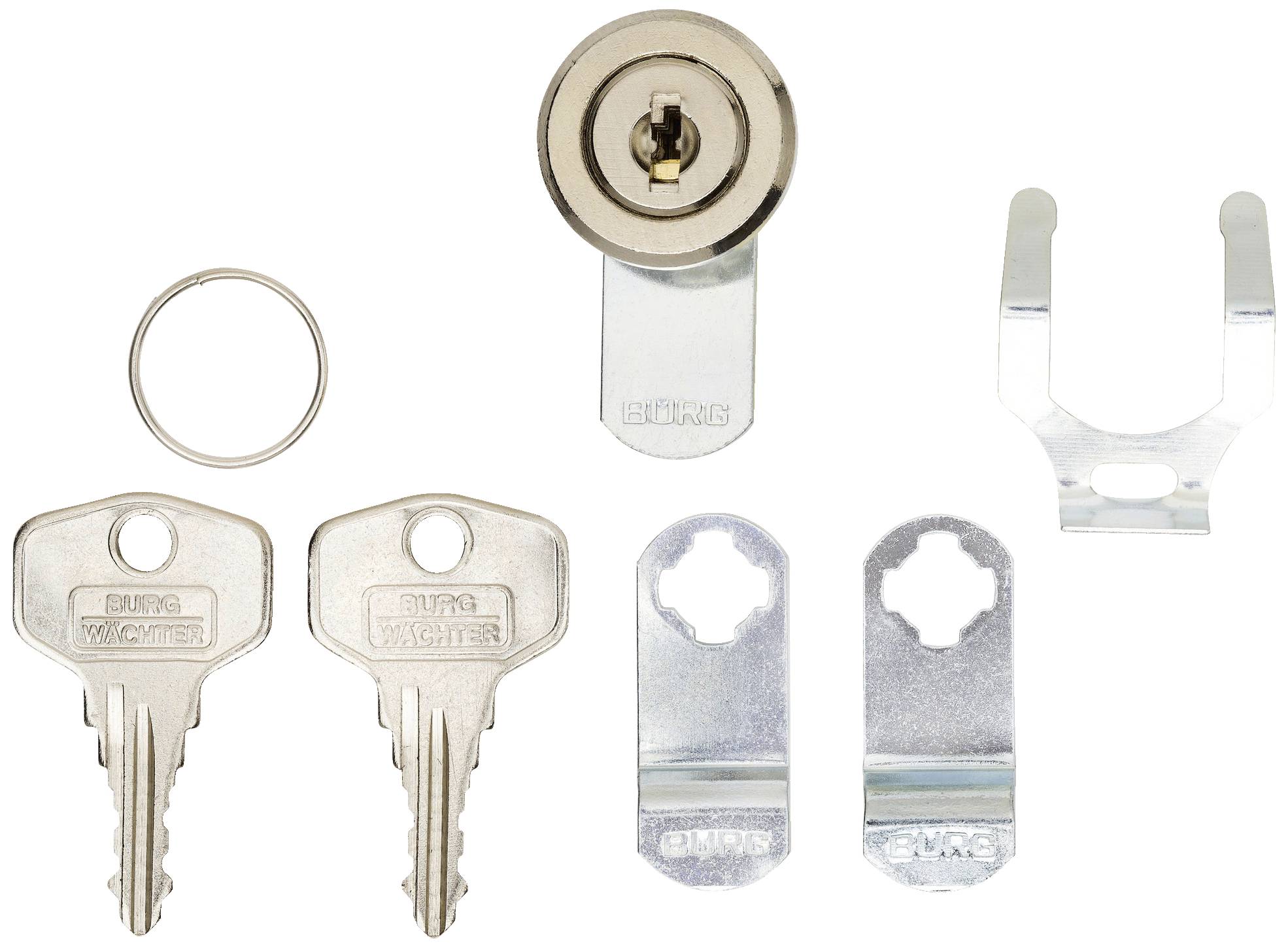A set of lock cylinder accessories, comprising two keys, a cylinder, a mounting bracket, two screws, and a ring.