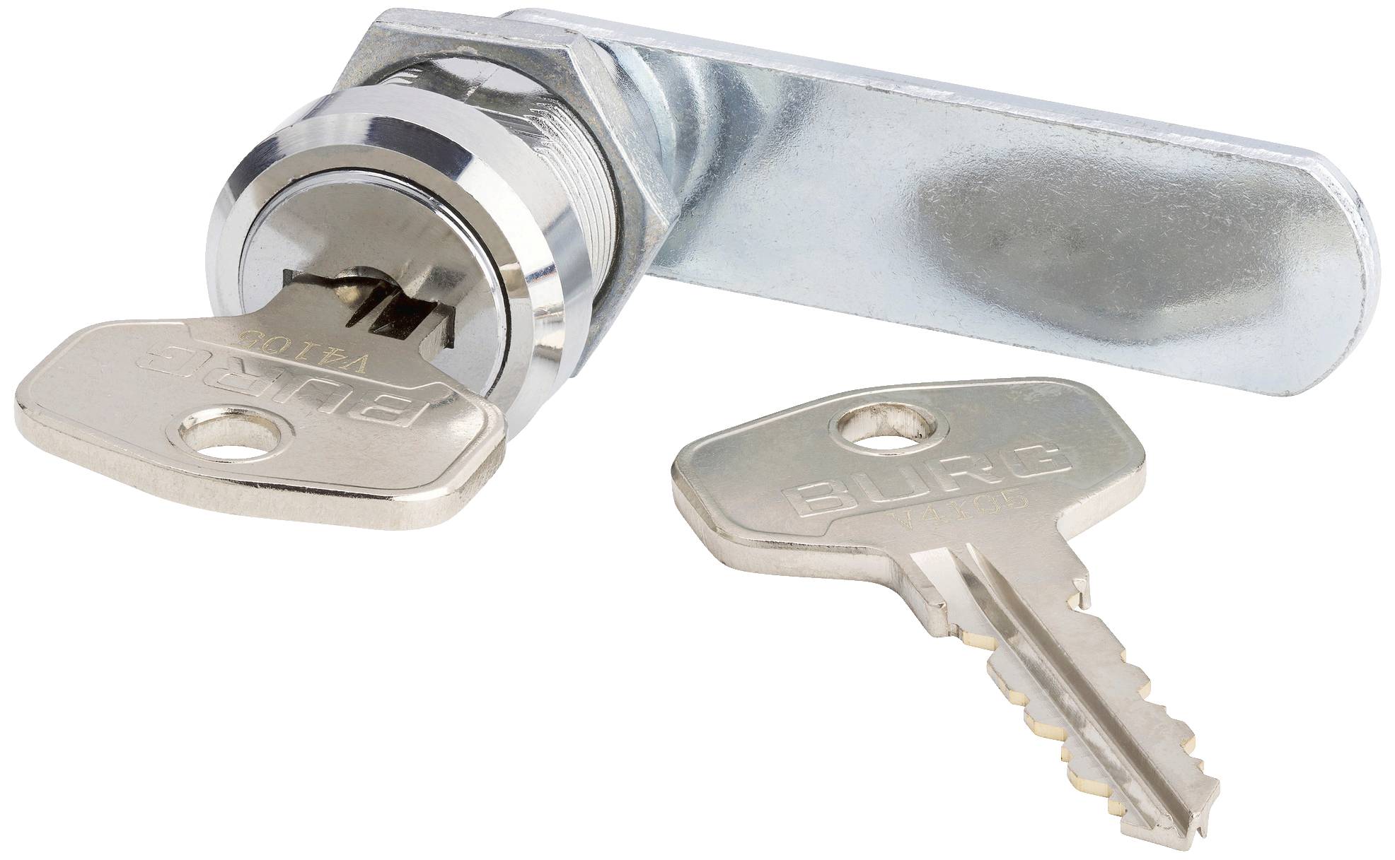 Metal padlock with two keys, one inserted in the lock. Fire brigade lock or similar security mechanism.