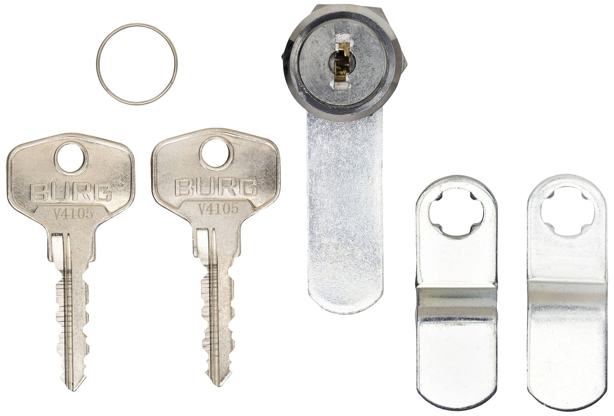 Two keys, a round ring, a cylinder lock and two metal plates. The keys are inscribed with 'BURG V4105'.