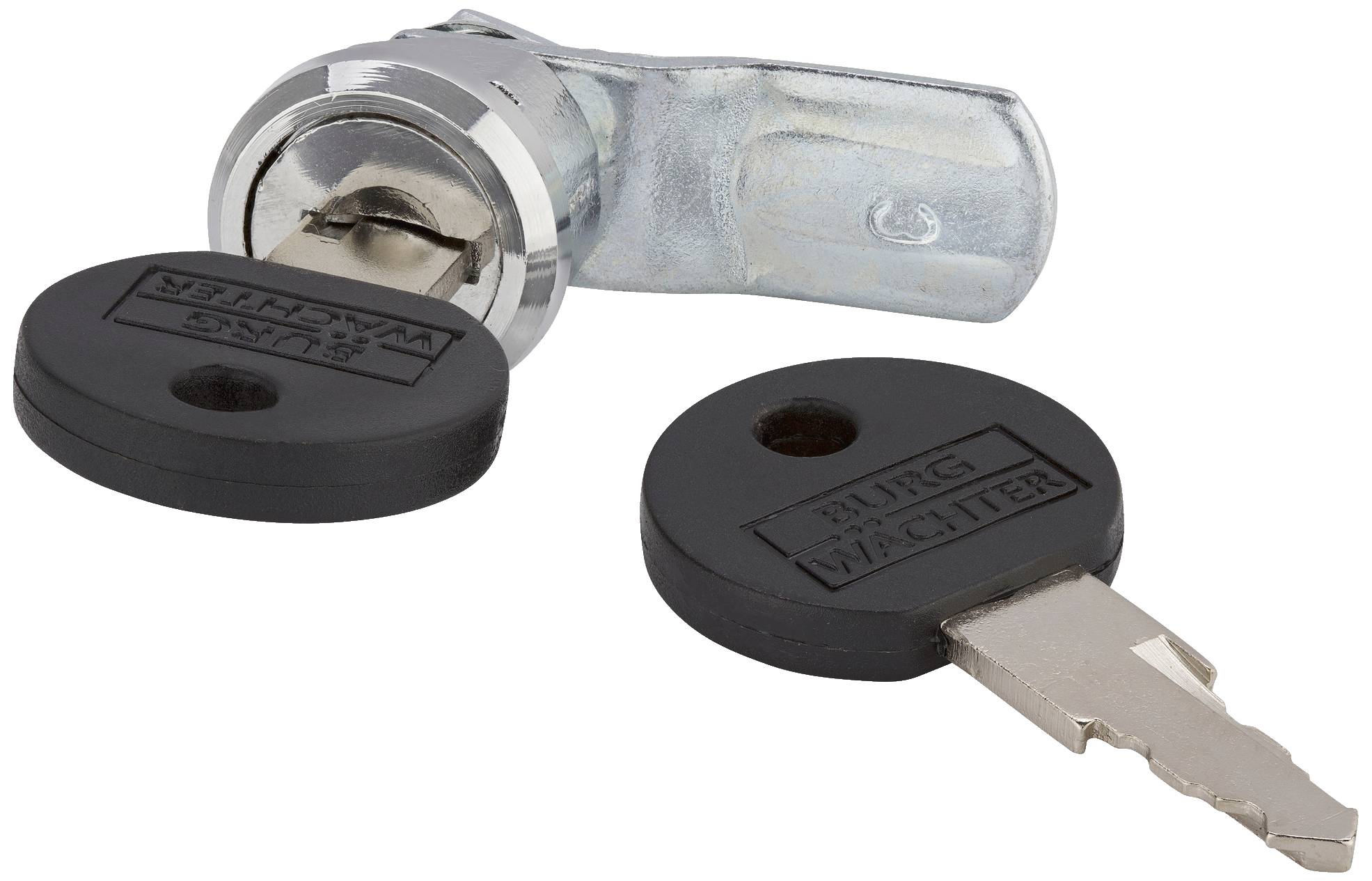 Two black keys and a silver padlock are lying on a white surface.